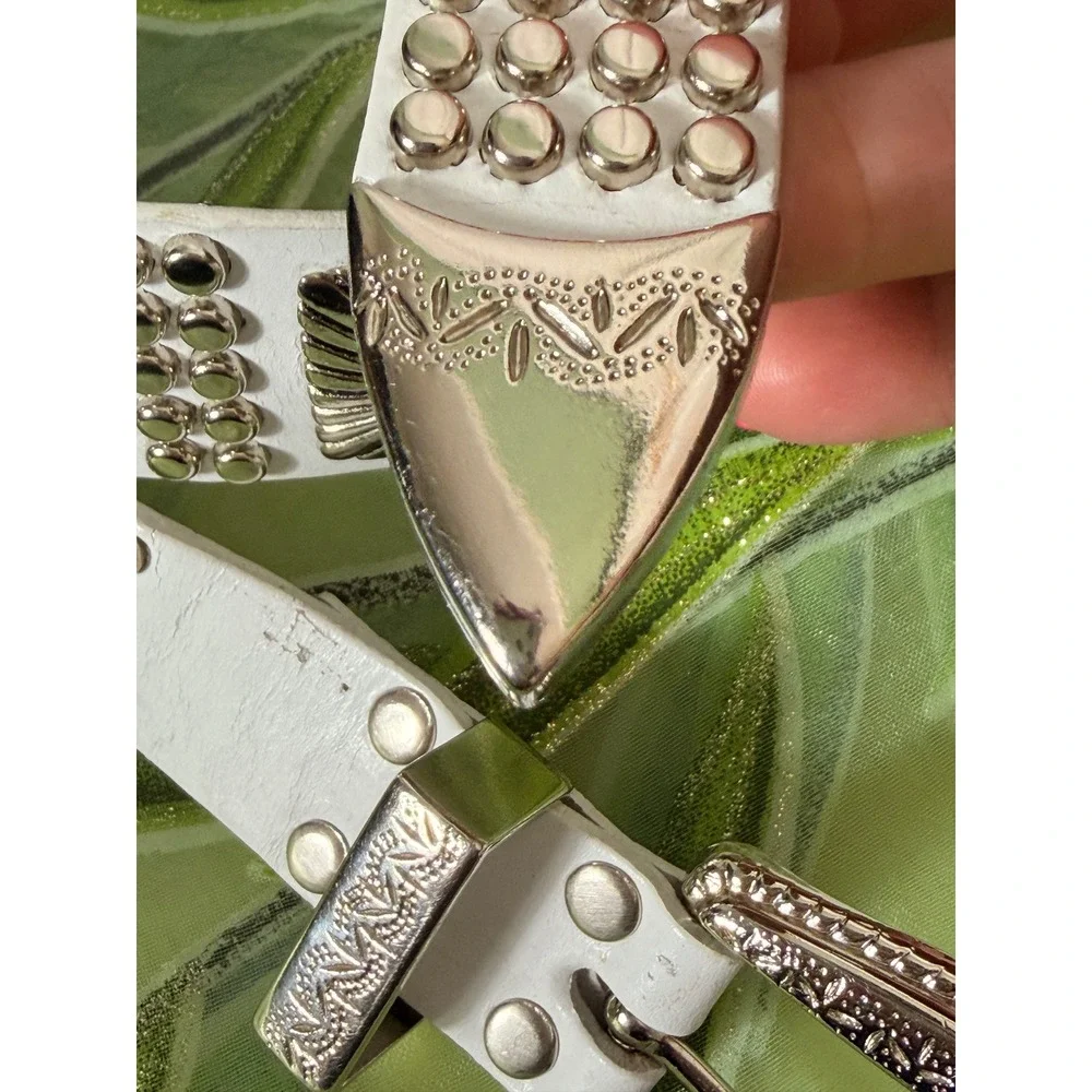 White Faux Leather Western Studded Concho Belt Silver Engraved Buckle ML